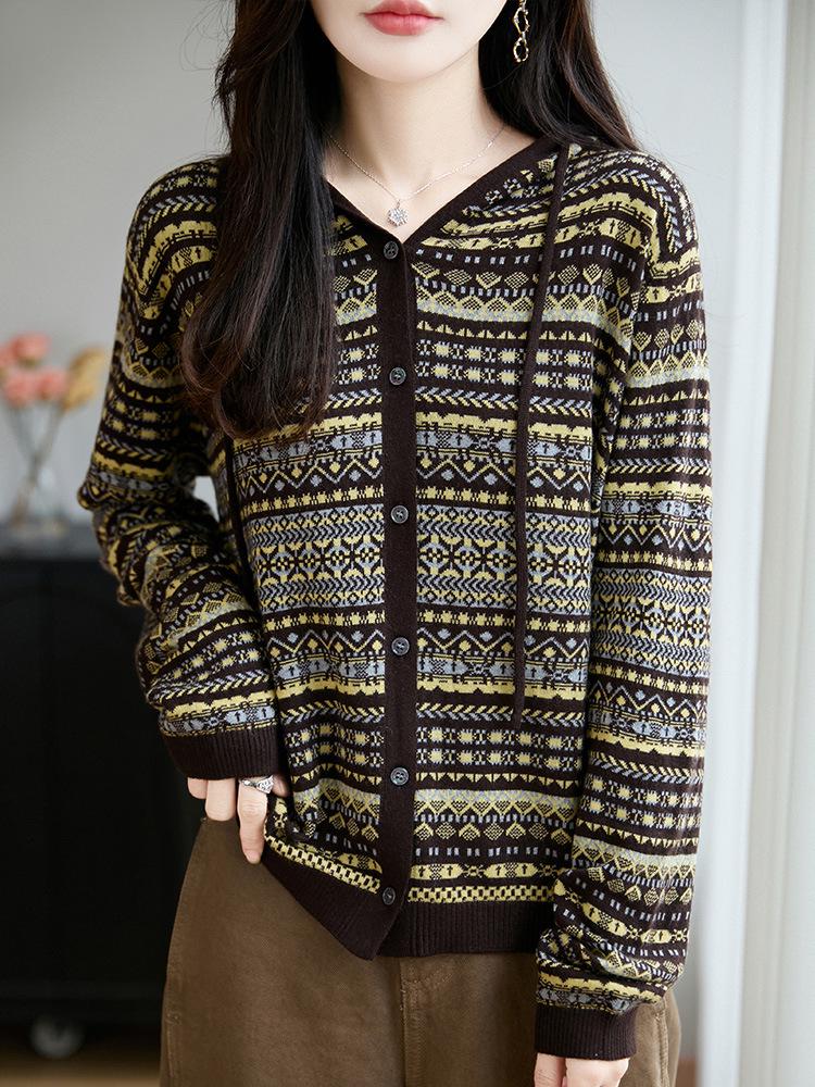 Retro Jacquard Hooded Knit Cardigan Coat - Women's Loose Fit Autumn Sweater