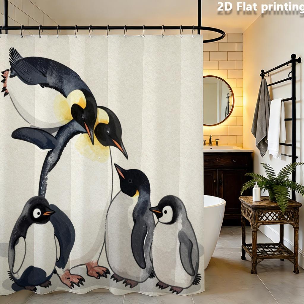 Arctic Geometry Shower Curtain – Abstract Penguin Silhouettes in Ice Blue Charcoal, Polyester 12 Grommets, Machine Washable