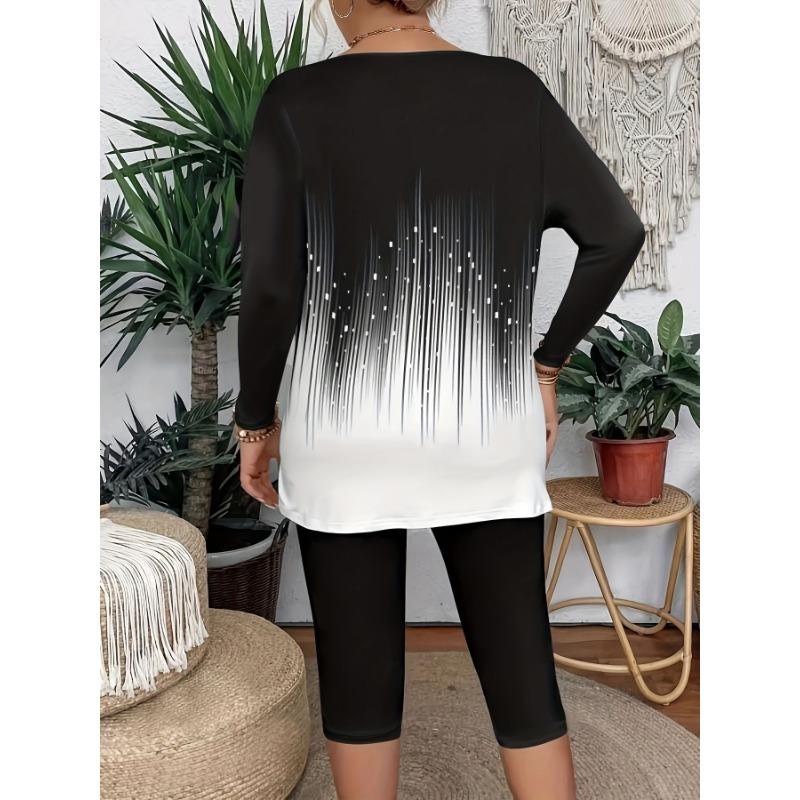 Plus Size Women Gradient Print Crew Neck Long Sleeve Casual T Shirt