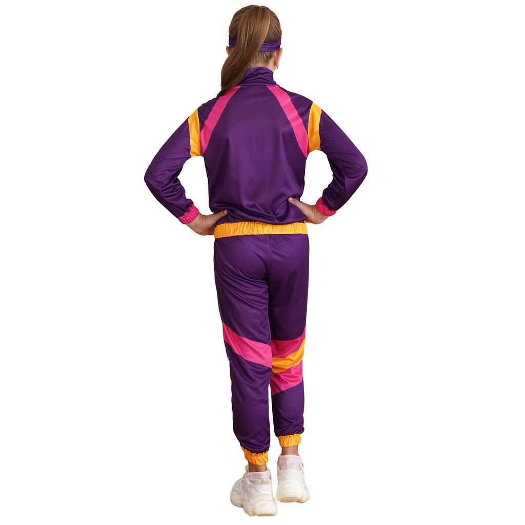 Kids 80s Retro Disco Costume Colorblock Top Pants Headband Set Hip Hop Dance