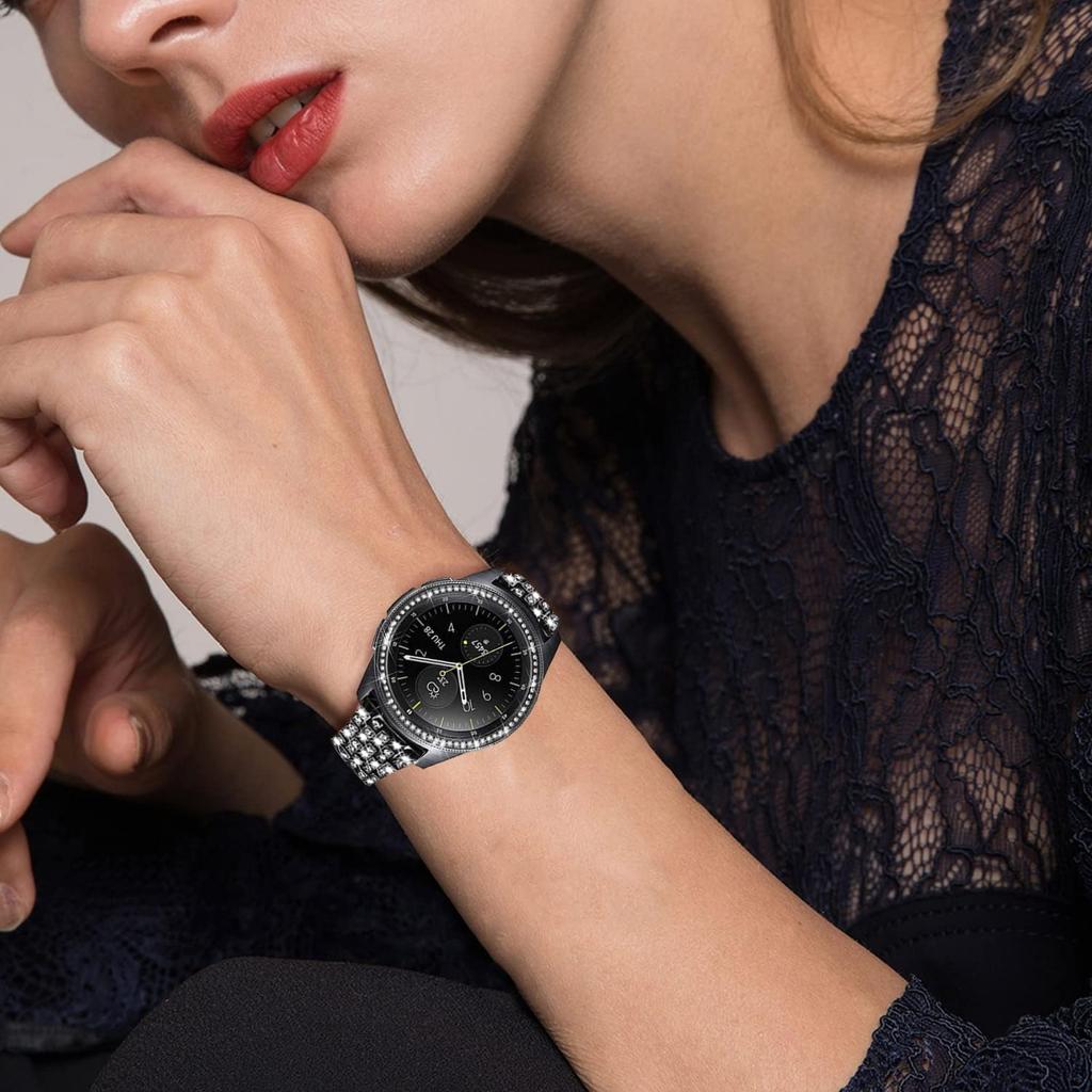 Ремешки, совместимые с Samsung Gear Sport/Galaxy Watch 42mm / Galaxy 4 Classic (42мм), Роскошный ремешок из нержавеющей стали с бриллиантами и стразами и кольцом-безелем