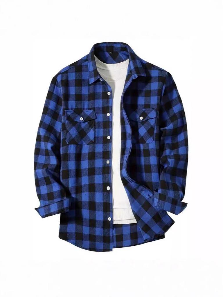 European Size Plaid Hooded Short-Sleeved Men's Cardigan Shirt with Double Pocket Flap
