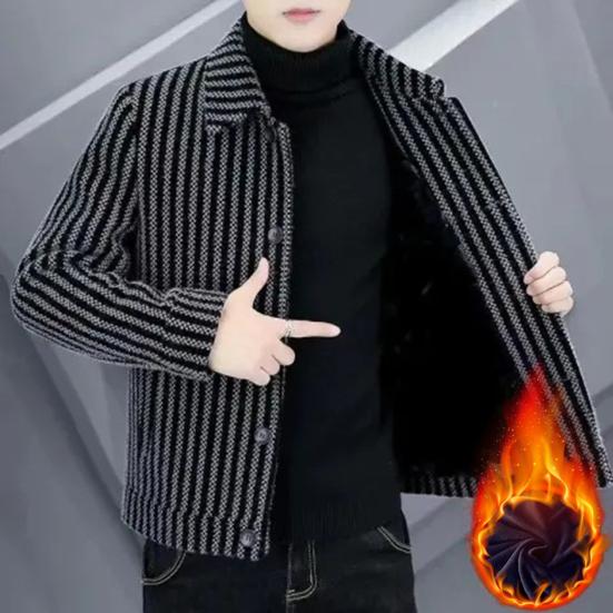 Мужская куртка с отложным воротником и длинным рукавом в полоску, однобортный, толстый, теплый кардиган, свободный, плюс размер, средней длины, повседневное мужское пальто в деловом стиле