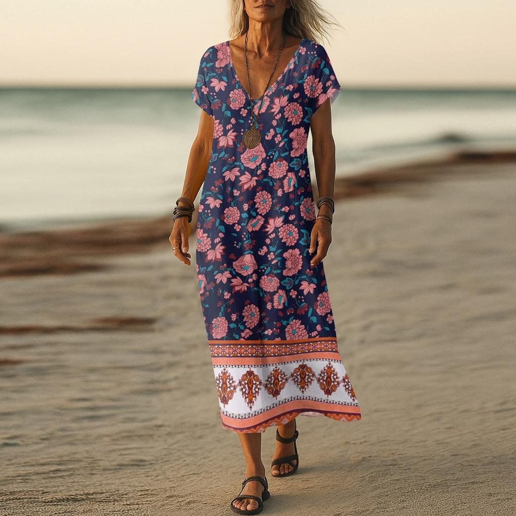 Летнее платье Женское длинное платье бохо для пляжа Элегантное платье макси V-образный вырез Короткий рукав Летнее платье-туника Легкое воздушное