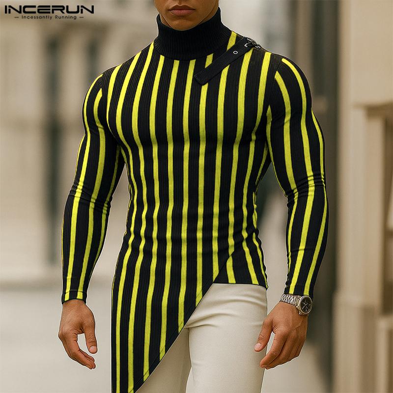 INCERUN Autumn Men's High Neck Long Sleeve Patchwork Striped Irregular Casual T-shirts Undershirts