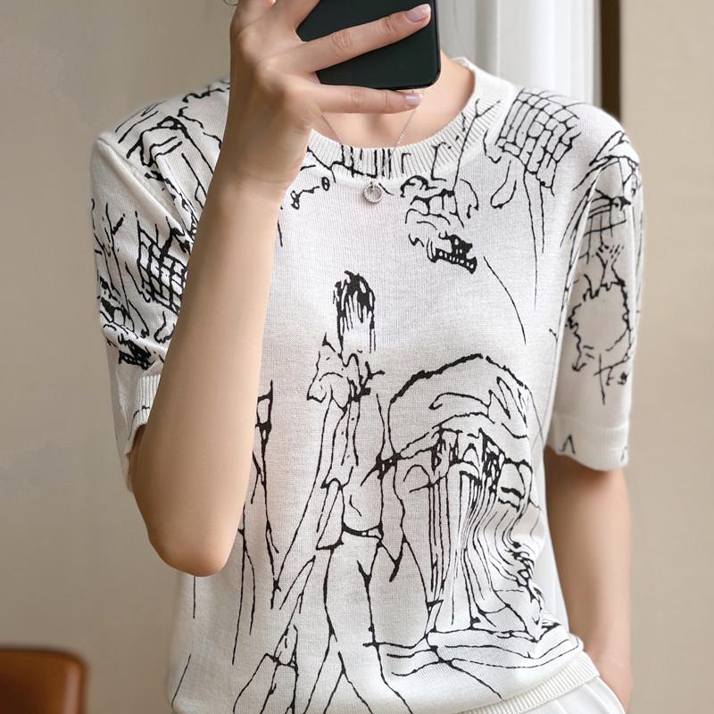 Women's Autumn/Winter Graffiti Wool Sweater: Round Neck, Short Sleeve, Casual Knit Pullover
