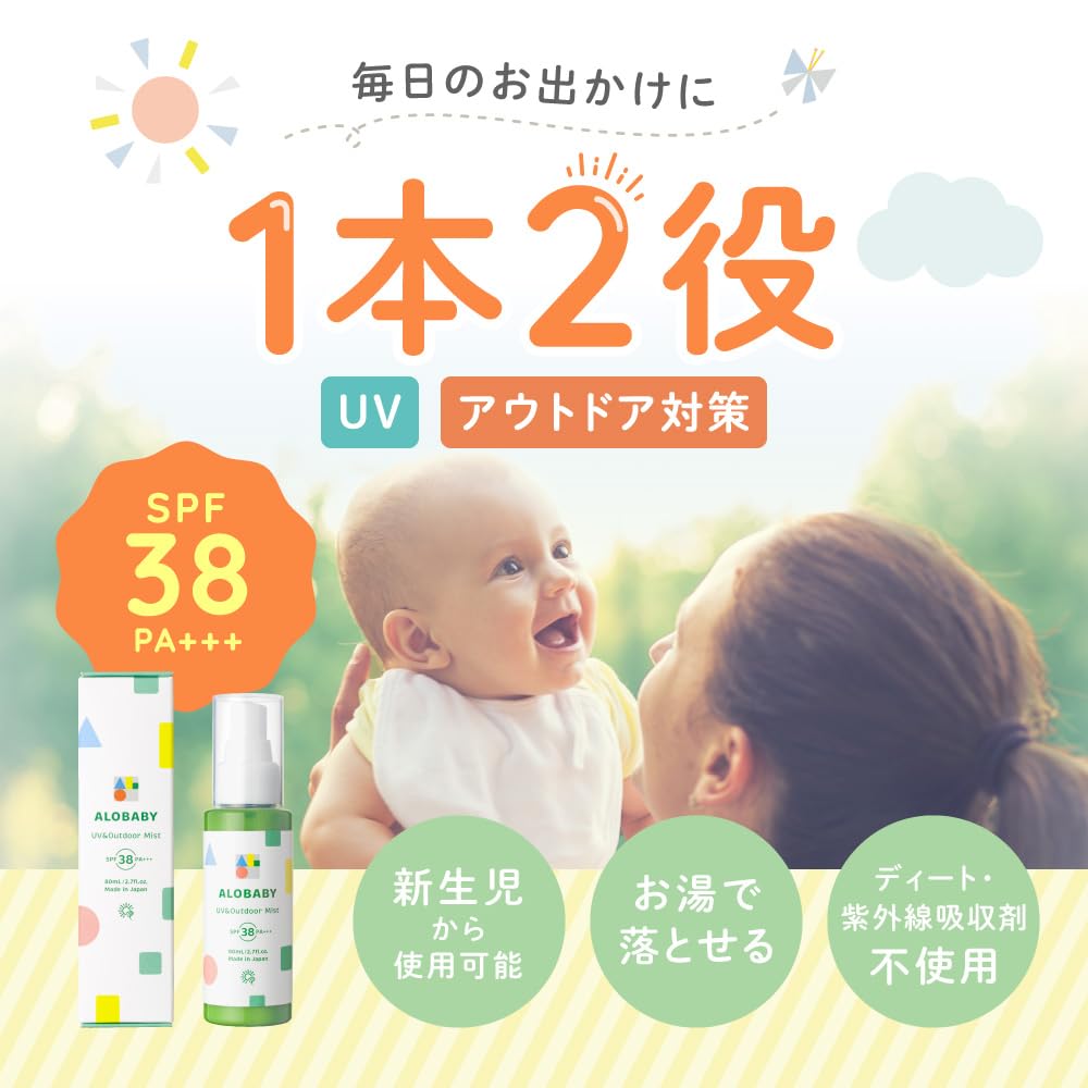 Alobaby Солнцезащитный спрей UV Outdoor Mist 80 мл SPF38 Молочко UV Без УФ Набор и + Всё-в-одном (Малыш, Без Химикатов, Впитывающие)