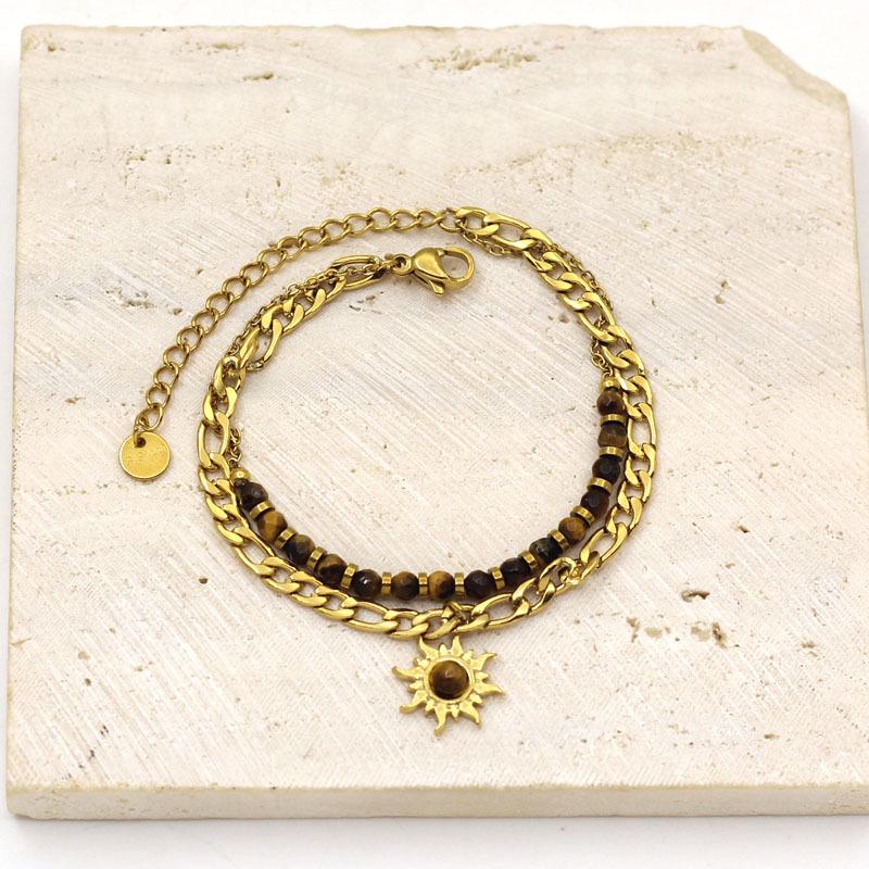 Gold Plated Stainless Steel Tiger Eye & Crushed Stone Beaded Bracelet for Women - Retro Luxury Jewelry