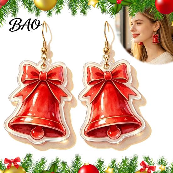 Festive Christmas Gift for Her 1 Pair 2D Acrylic Bell Dangle Earrings Women, Cute Red Cheerful Day Holiday with Bow, Jewelry Gifts Xmas Party