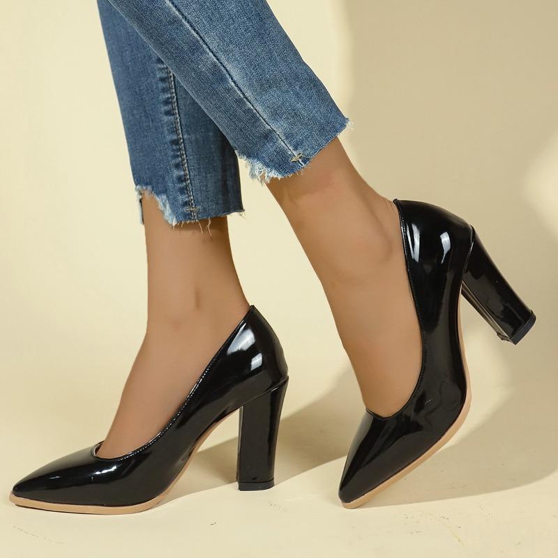 Модные лаковые туфли на высоком каблуке женские весенние новые с невысоким блочным каблуком, нескользящие, элегантные, с острым носком, с мелким вырезом, не утомляющие ноги