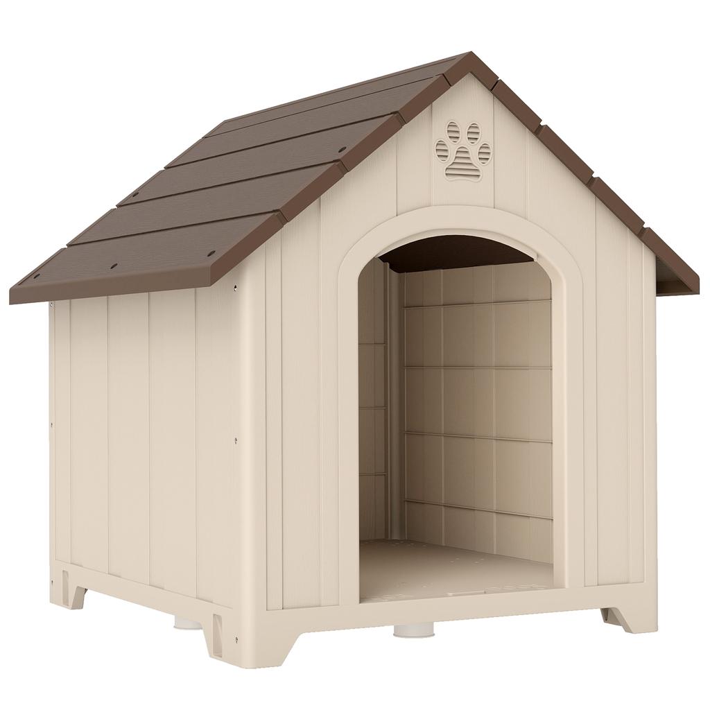 Outdoor Plastic Dog Kennel, Large, 2 Windows, Elevated Base, Stakes, Beige