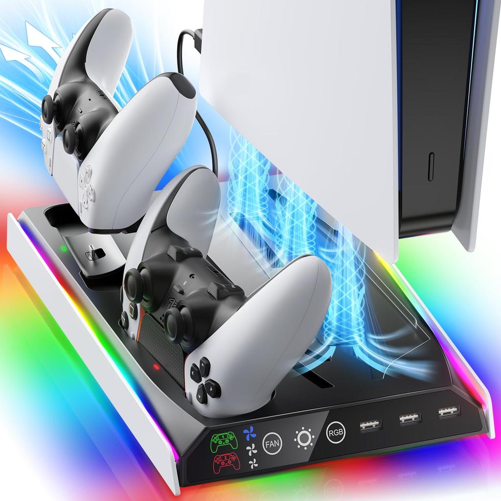 PS5 Slim PS5 Slim Vertical Cooling Stand with 3 Adjustable Air PS5 Controller 2 Controllers Simultaneously Charging Indicator Compatible with Both the