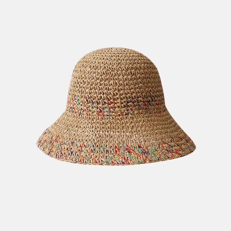 Women Summer Handwoven Rainbow Straw Hat Korean Fashion Wide Brim Breathable Cap for Beach Travel Sun Coverage