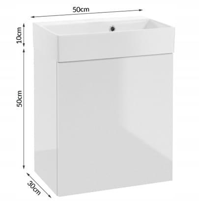 Szafka łazienkowa wisząca biały połysk, czarne uchwyty 60x50cm bateria i syfon Elara