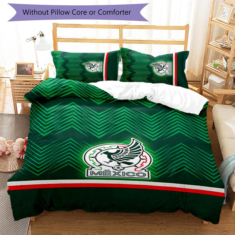 México Football 3pcs Bedding Set Duvet Cover Closure Includes 1 Duvet Cover & 2 Pillowcases for All Seasons Bedroom Home Dorm Decor