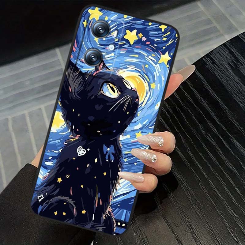 Милая мультяшная кошка Иллюстрация Чехол для телефона Для OPPO Reno 5 6 7 A96 A40 A58 Realme GT A74 A78 Neo2 A74 A78 Find X5 X3 X7 X8 Черный