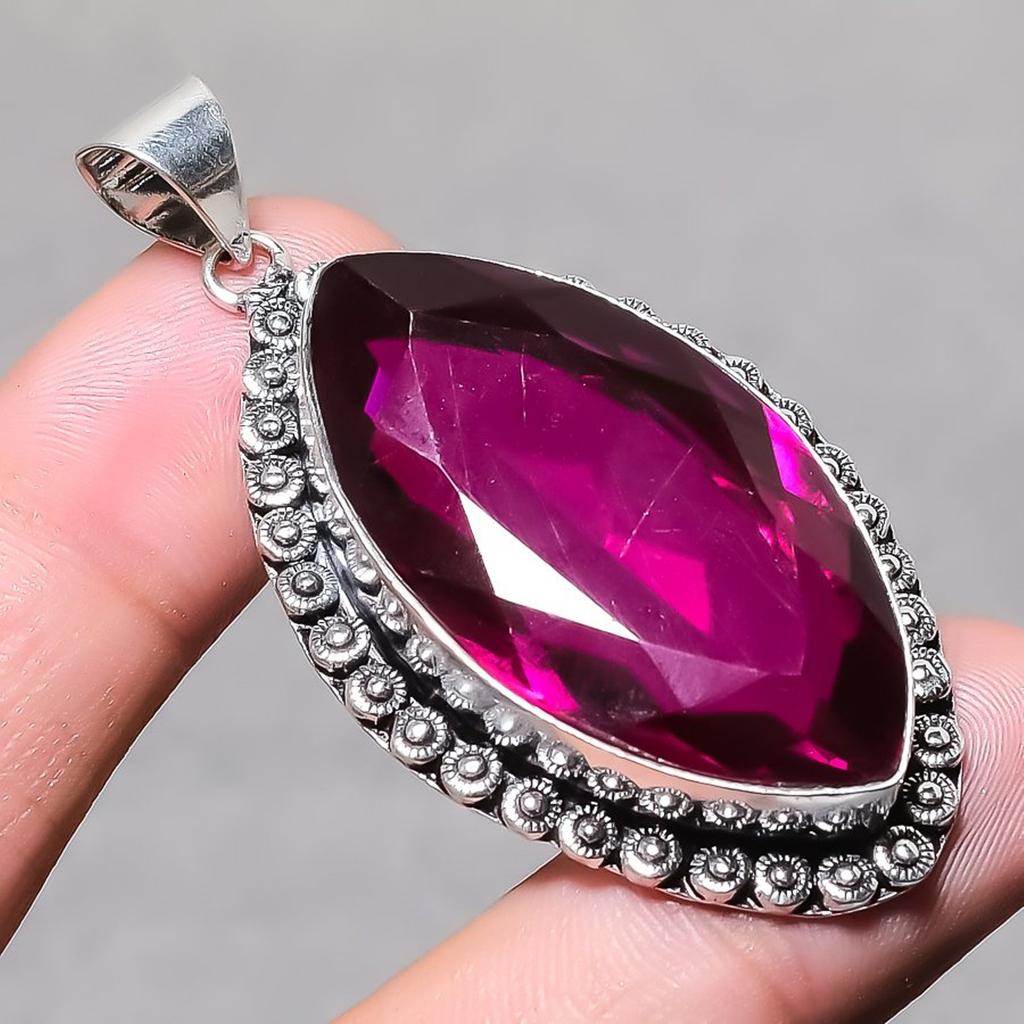 Lab Created Pink Tourmaline Pendant 2.5" Silver Tone Marquise Cut Gemstone Gift