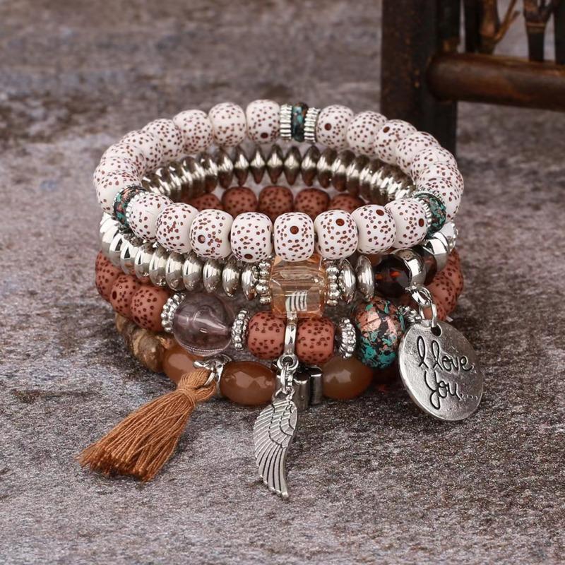 Богемные разноцветные хрустальные бусины, веревочные браслеты для женщин и девочек, этнические сердца с кисточками, очаровательный браслет, набор ювелирных изделий, подарок