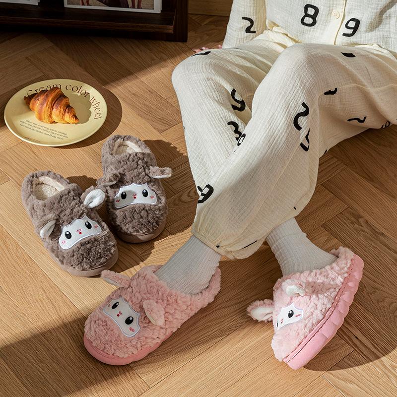 New Sheep Plush Thermal Cotton Slippers Winter Indoor Non-slip Home Thick Bottom Couple Slippers New