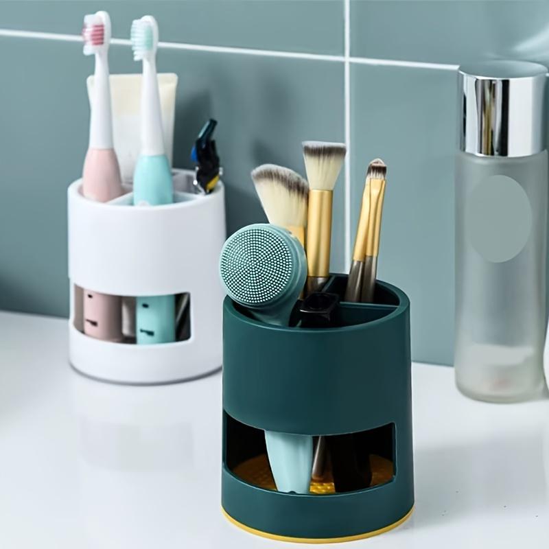 1pc, Multifunctional Bathroom Storage Organizer, Freestanding Countertop Toothbrush Holder with Drain Tray, Toothpaste Rack, Shaving Stand