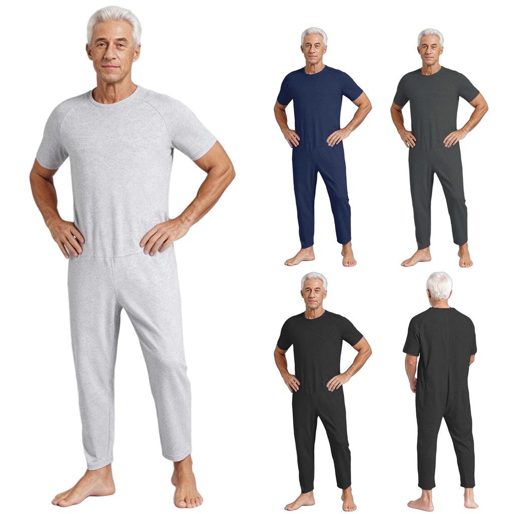 Мужской адаптивный комбинезон XS-3XL: Круглый вырез, короткий рукав, однотонная, с молнией сзади, для пожилых людей с деменцией и людей с особыми потребностями