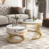 End Table 2 In 1 Round Coffee Made of MDF Side with A Marble Tabletop and Plastic Rattan Sofa Drawers Solid Wood Handles Gold-Colored Iron Legs. 70