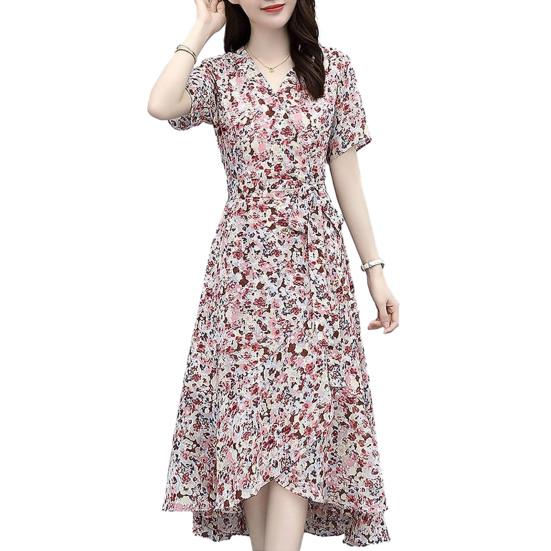Платье с цветочным принтом для женщин с V-образным вырезом, коротким рукавом, струящимся запахом, платье миди с оборками и неровным подолом, платье А-силуэта для пляжного отдыха