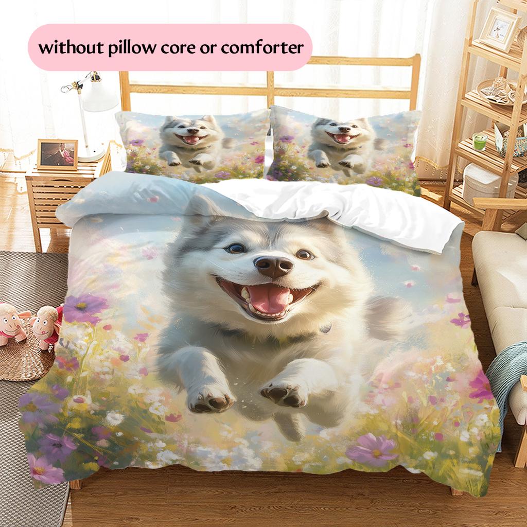 Husky and Grassland Pattern Bedding Home Decoration Birthday Gift (1 * duvet cover + 2 * pillowcase, without core)