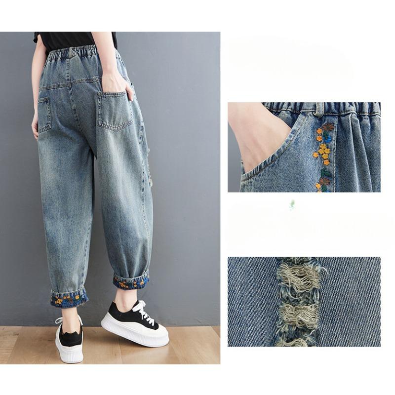 Весенне-осенние женские брюки больших размеров, свободные рваные джинсы с эластичной резинкой на талии и вышивкой, женские тонкие брюки Harlan Daddy