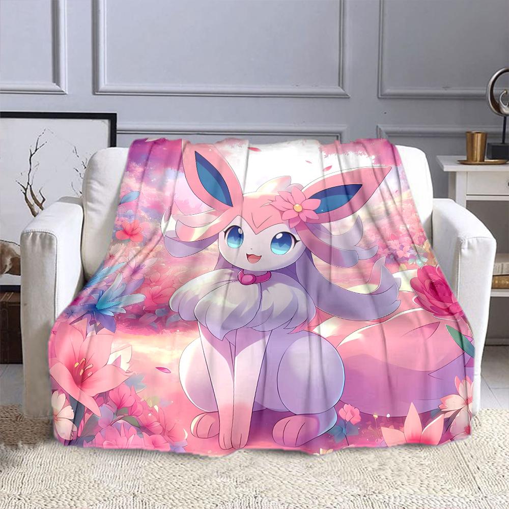 Cute Sylveon Eevee Pink Blanket for Couch or Bed - 3D Pattern Decor Blanket - Cozy Soft Fuzzy Blankets Suitable for All Seasons