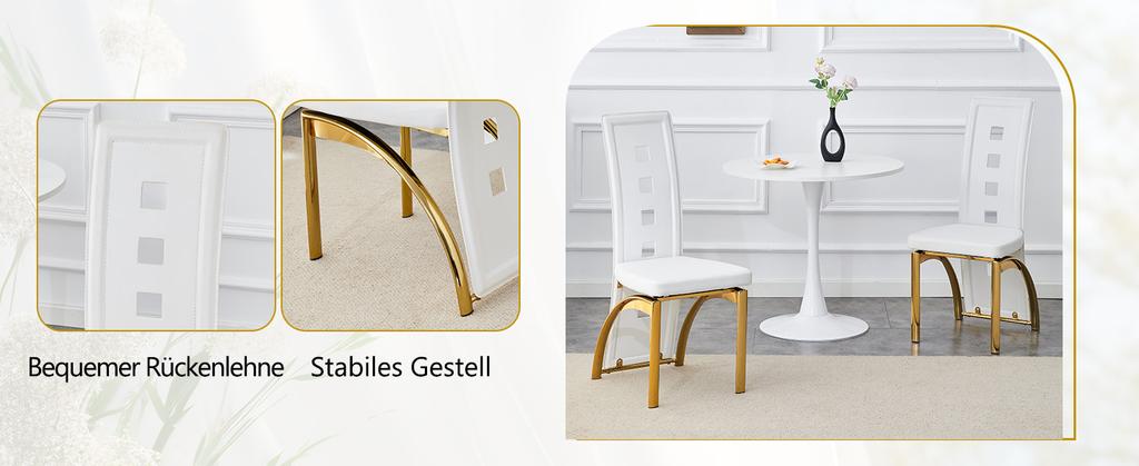[Set of 2] European Design Dining Chairs with Hole Pattern, Matte White PU Leather + Gold Gloss Metal Legs, 102.5 cm high, for dining or living room.