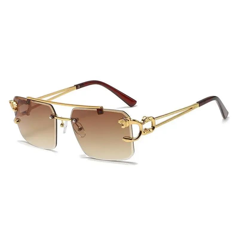 New Double Beam Square Sunglasses Leopard Frameless Cut Edge Sunglasses Women Vintage Trend Brand Design Men Shades Eyewear