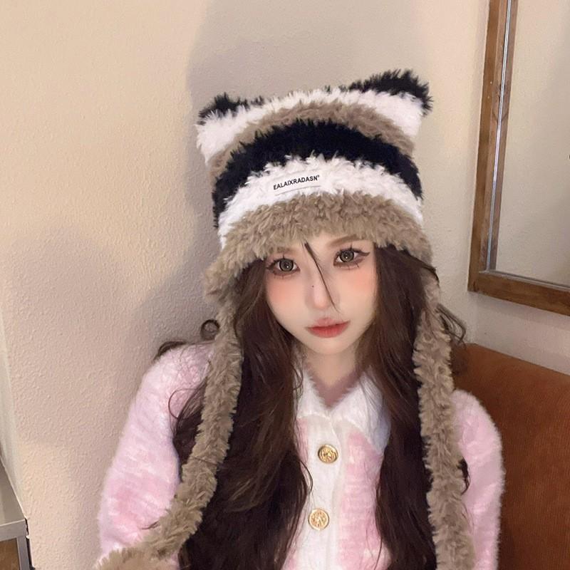 Hat Female Autumn and Winter Warm Knitted Wool Snow Hat Cycling Mother Fashion Ear Protection Headgear Scarf Integrated Hat