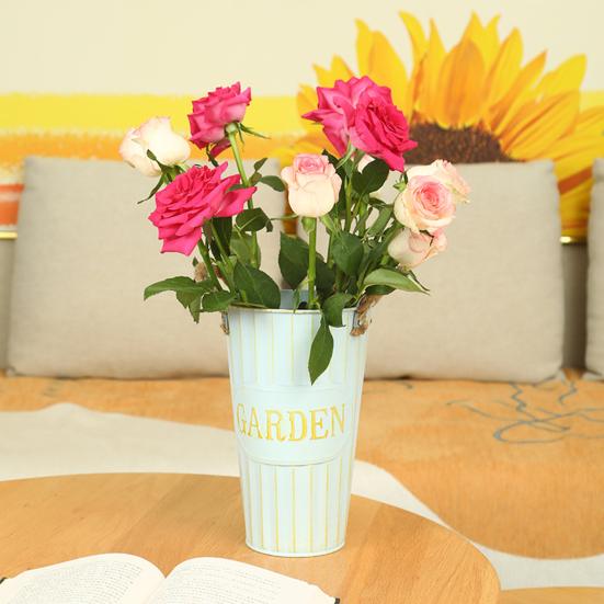 Глубокое ведро-ваза Оцинкованное железное ведро для цветов с веревочными ручками Ретро фермерская ваза для домашней цветочной композиции