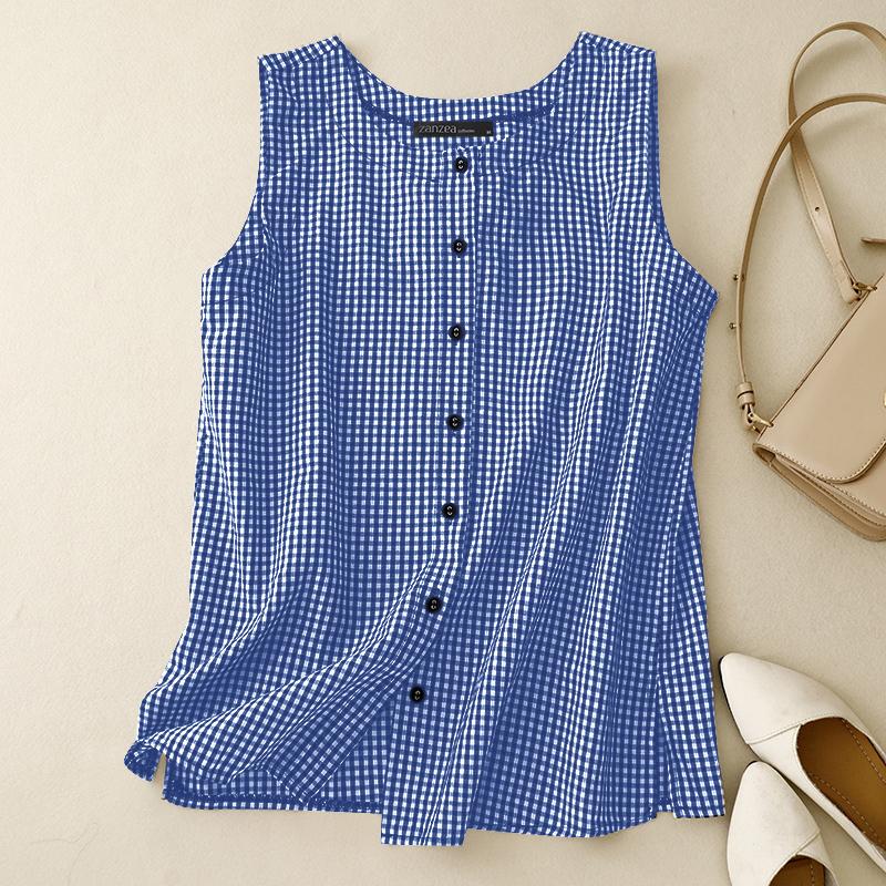 ZANZEA Женские летние рубашки без рукавов с круглым вырезом в контрастную клетку