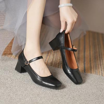 Spring /Autumn Women Shoes 2025 New Retro Square Toe Soft Leather High Heels Mary Jane Shoes Shallow Mouth Single Shoes