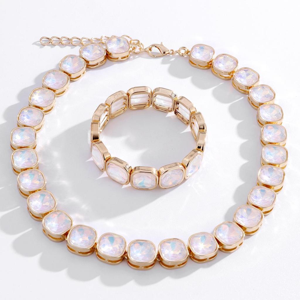 Elegant Zirconia Necklace & Bracelet Set: Fashionable, Versatile, Light Luxury with Square Glass Zirconia