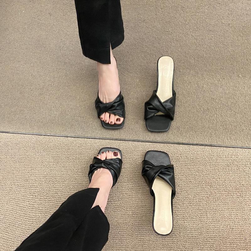 Летние новые простые босоножки на высоком каблуке с одним ремешком, туфли на высоком каблуке «кошачий каблук», французские женщины носят полушлепанцы