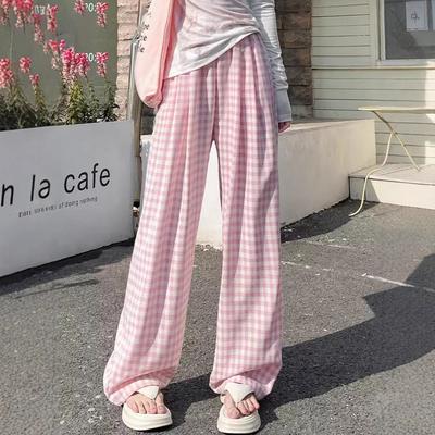 Синие клетчатые брюки для женщин на весну и лето, новые, с высокой талией, прямые, свисающие, ленивый стиль, свободные, широкие брюки