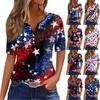 Women's Casual Independence Day Printed V-Neck Short Sleeve Embellished Button T-Shirt Top