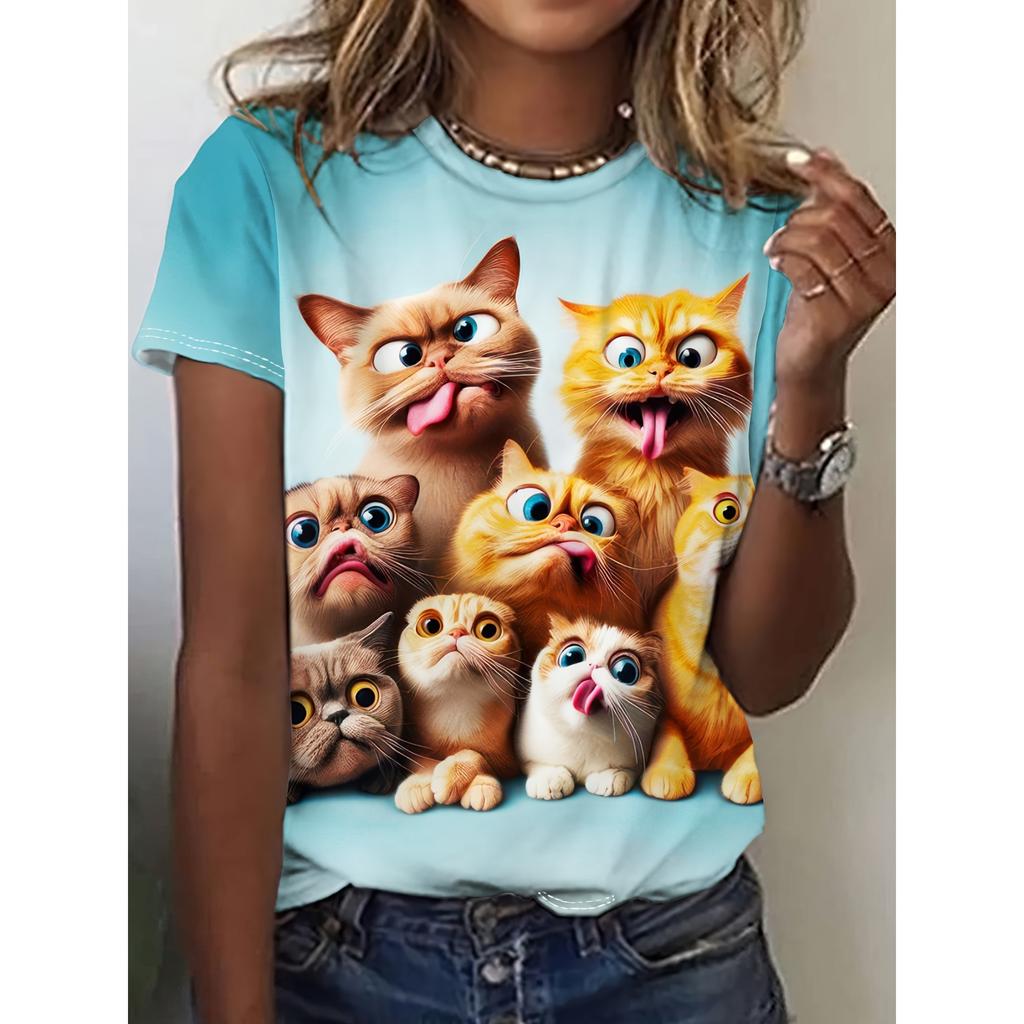 Women's TShirt Cat Print Design Harajuku Casual Short Sleeved Top Fashionable Trend Clothing