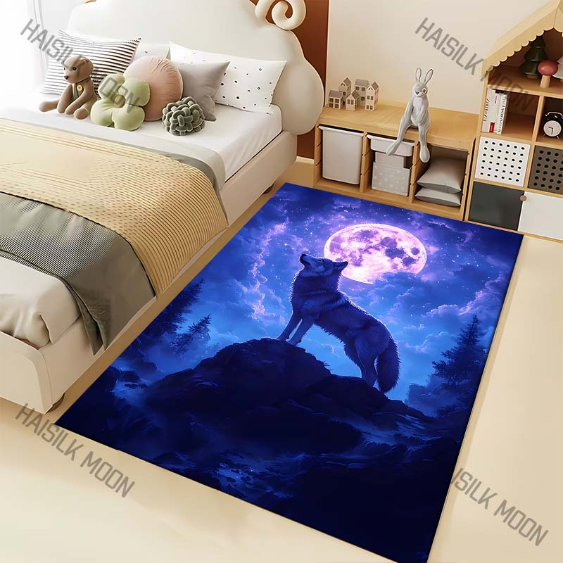 Lone wolf on mountain under moonlit sky Print Carpet for Living Room Bedroom Sofa Home Decor Rus Non-slip Floor Mat Luxury Gift