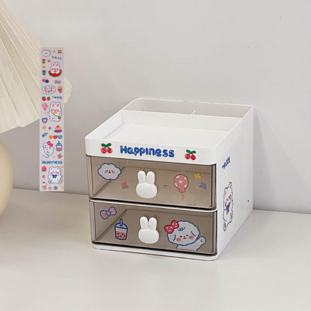 Kawaii Destop Organizer with Sticker Multi-function Lagre Capacity Drawer Stationery Holder Jewelry Hairclip Storage Student