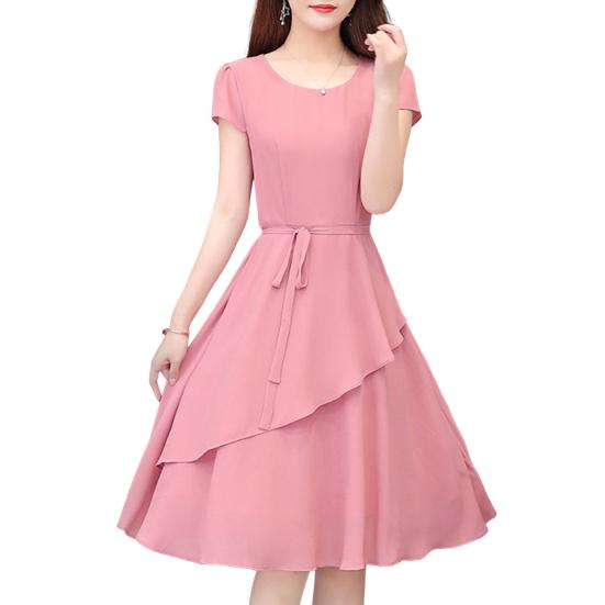 Женское платье миди с круглым вырезом и коротким рукавом, элегантное платье с многослойным подолом и шнуровкой, платье миди трапециевидной формы, уличная одежда
