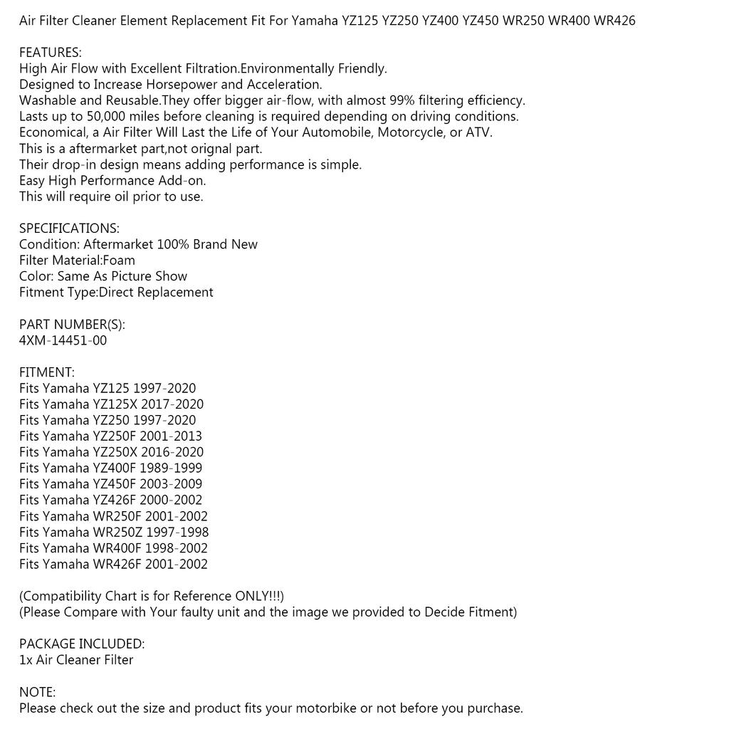 Пенный воздушный фильтр для Yamaha YZ WR 125 250 400 426 450 F 4XM-14451-00-00