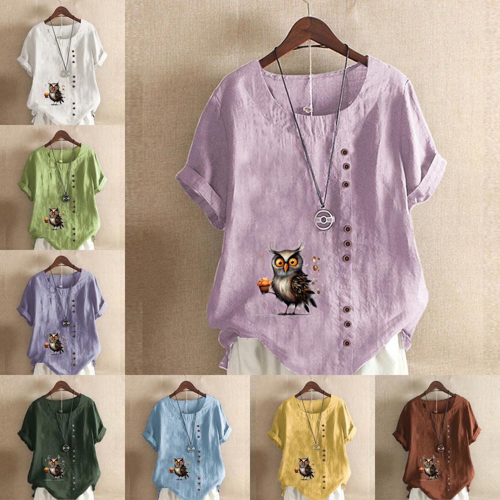 Women's Fashion Owl Prined Short Sleeve T-shirt Loose Cotton Shirt Casual Loose Summer Blouse Tops Plus Size