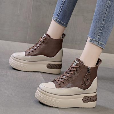 Женские весенние и осенние туфли с толстым дном и внутренним увеличением, повседневные туфли с высоким берцем и завязкой спереди