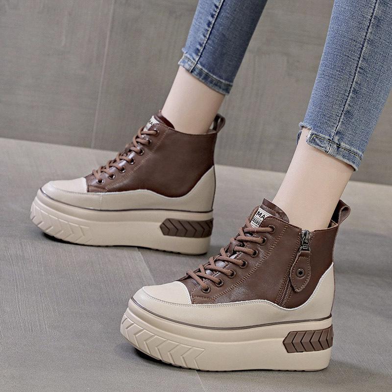 Board Shoes Cowhide Autumn New Muffin Single Shoes High Heel Thick Sole Inner Height Increase Casual High Top Shoes Short Boots Women's Shoes