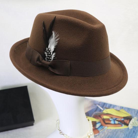 Men Fedora Hat Feather And Bow Decor Vintage Short Brim Felt Hat Solid Color Women Panama Hat 1920s Floppy Hat for All-Day Wear