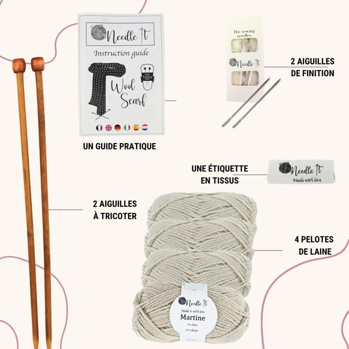 Kit Tricot - NEEDLE IT - Écharpe en Laine Beige - 70% Laine - Débutant - DIY
